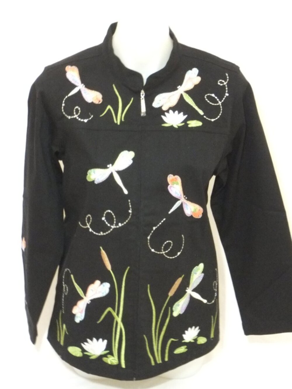 Quacker Factory Jacket Womens Medium NWT Dragonfly Embroidered Cotton Blend Zip